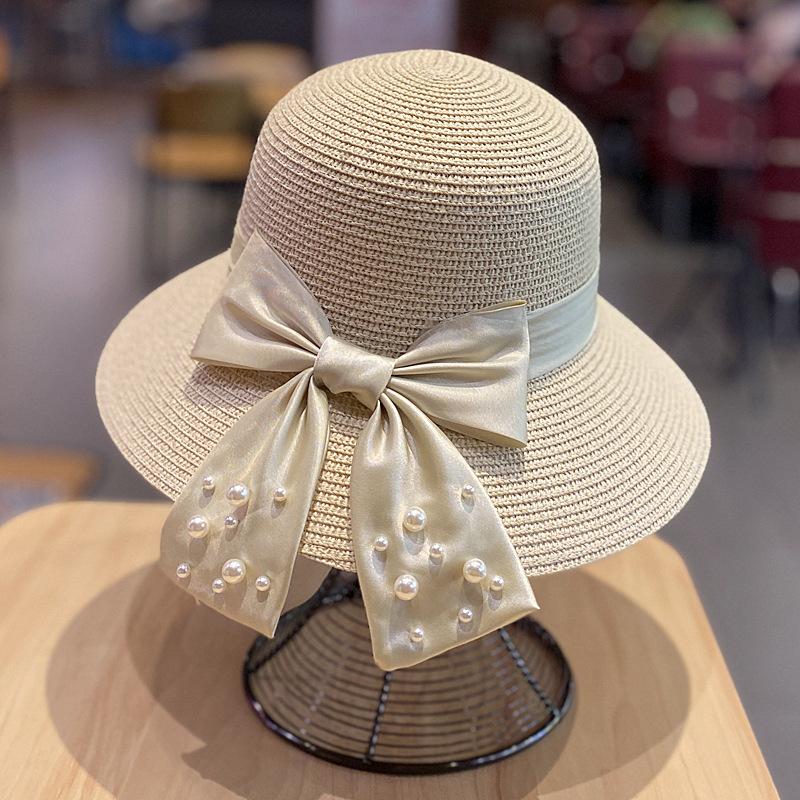 Summer sun protection hat, fashionable and versatile, pearl bow, wide-brimmed straw hat for women, travel bucket hat, sun hat, fisherman hat