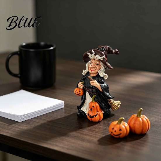 Halloween Witch Pumpkin Figurine Resin Figurine Vintage Hand-Painted Ornament Spooky Tabletop Party Table Centerpieces Decor for Desk Shelf Entryway