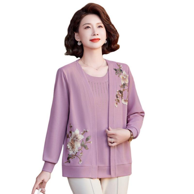 Mid-mother spring top thin fake two-piece knitted cardigan middle-aged and elderly women's spring and autumn embroidered shirt