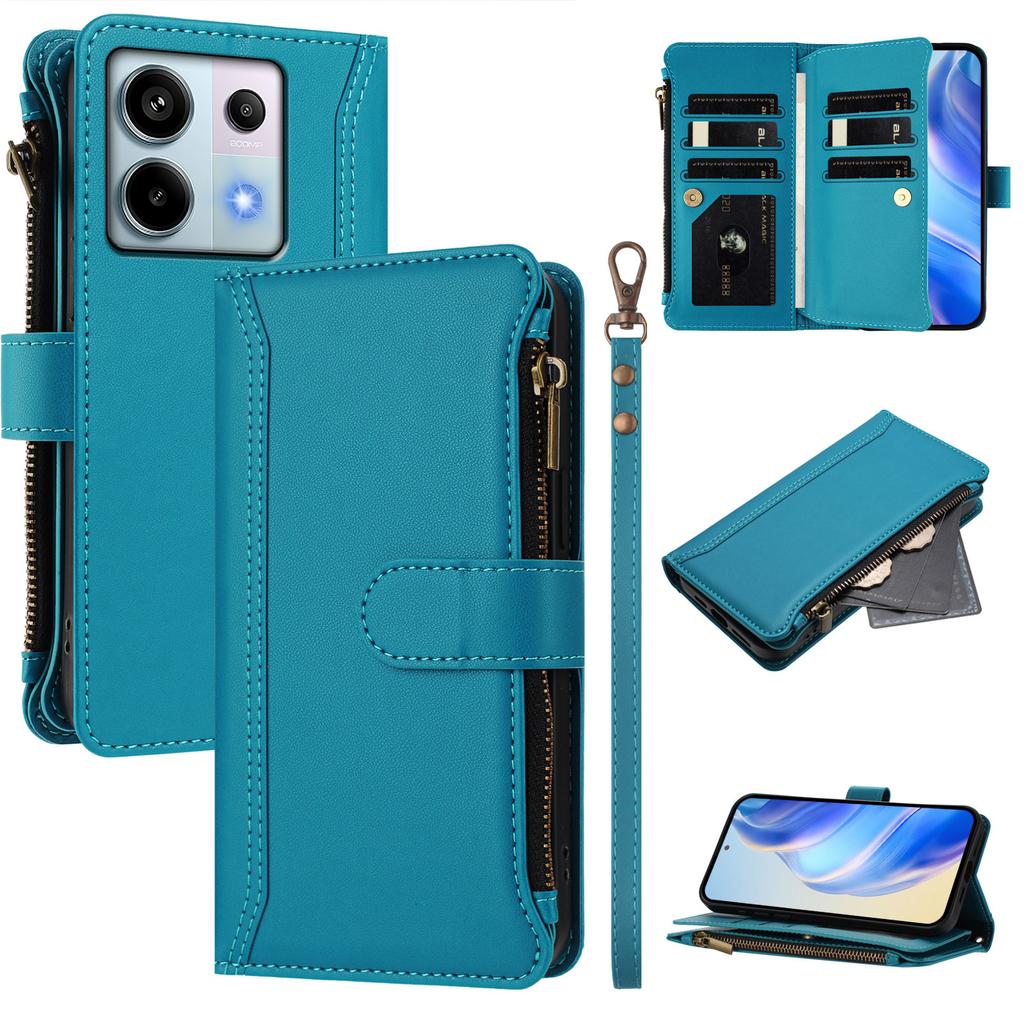 For Xiaomi Poco X6 5G/Xiaomi Redmi Note 13 Pro 5G Leather Case 9 Card Slots Zipper Wallet Stand Phone Cover with Wrist Strap