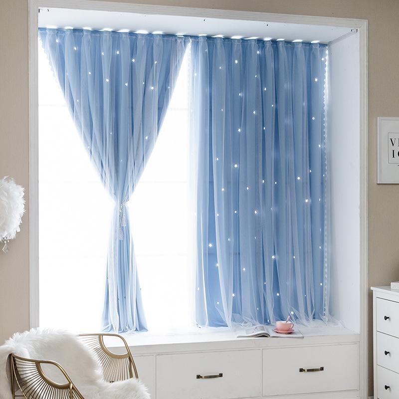 Bedroom Blackout Curtains with Magic Tape, Double Layer, No Drilling Installation, Hollow Star Gradient Bay Window Curtains
