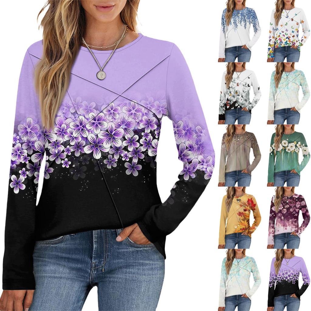 Fashion Women's Long Sleeve Round Neck Casual  Pleated Floral Print Loose Top