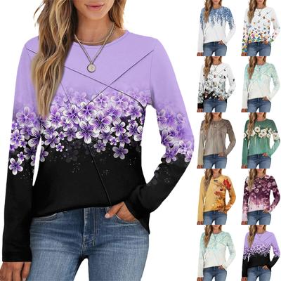 Fashion Women's Long Sleeve Round Neck Casual  Pleated Floral Print Loose Top
