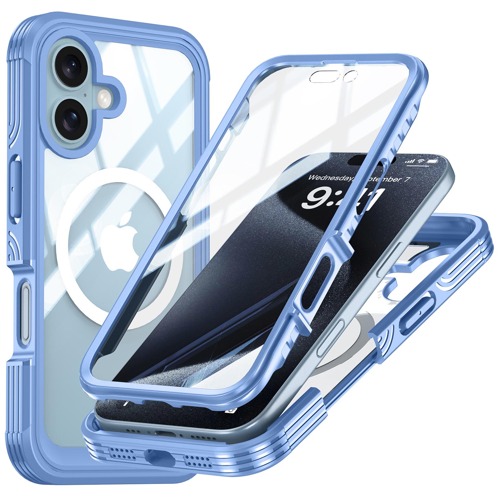 

For iPhone 16 Magnetic Case with Tempered Glass Film PC+TPU Full Rugged Phone Cover Sky Blue