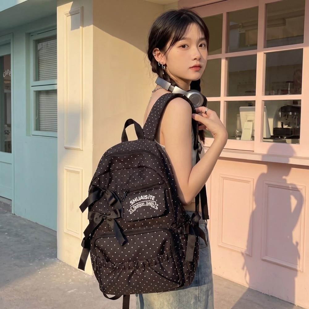 Zaino a pois con fiocco, grande capacità, multi-scomparto, daypack, borsa scolastica alla moda per adolescenti