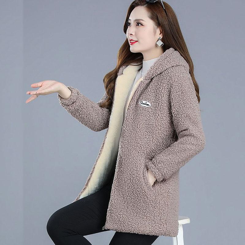 

Шерстяное пальто для женщин среднего возраста Модная зимняя куртка Женское Свободное пальто с капюшоном Гранулированный кашемир Хлопок Кашемир из овечьей шерсти Пальто L хаки