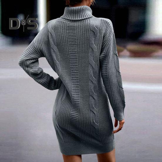 Women Autumn Winter Knitting Dress Turtleneck Long Sleeve Twist Texture Pullover Mini Dress Solid Color Thickened Warm Loose Dress