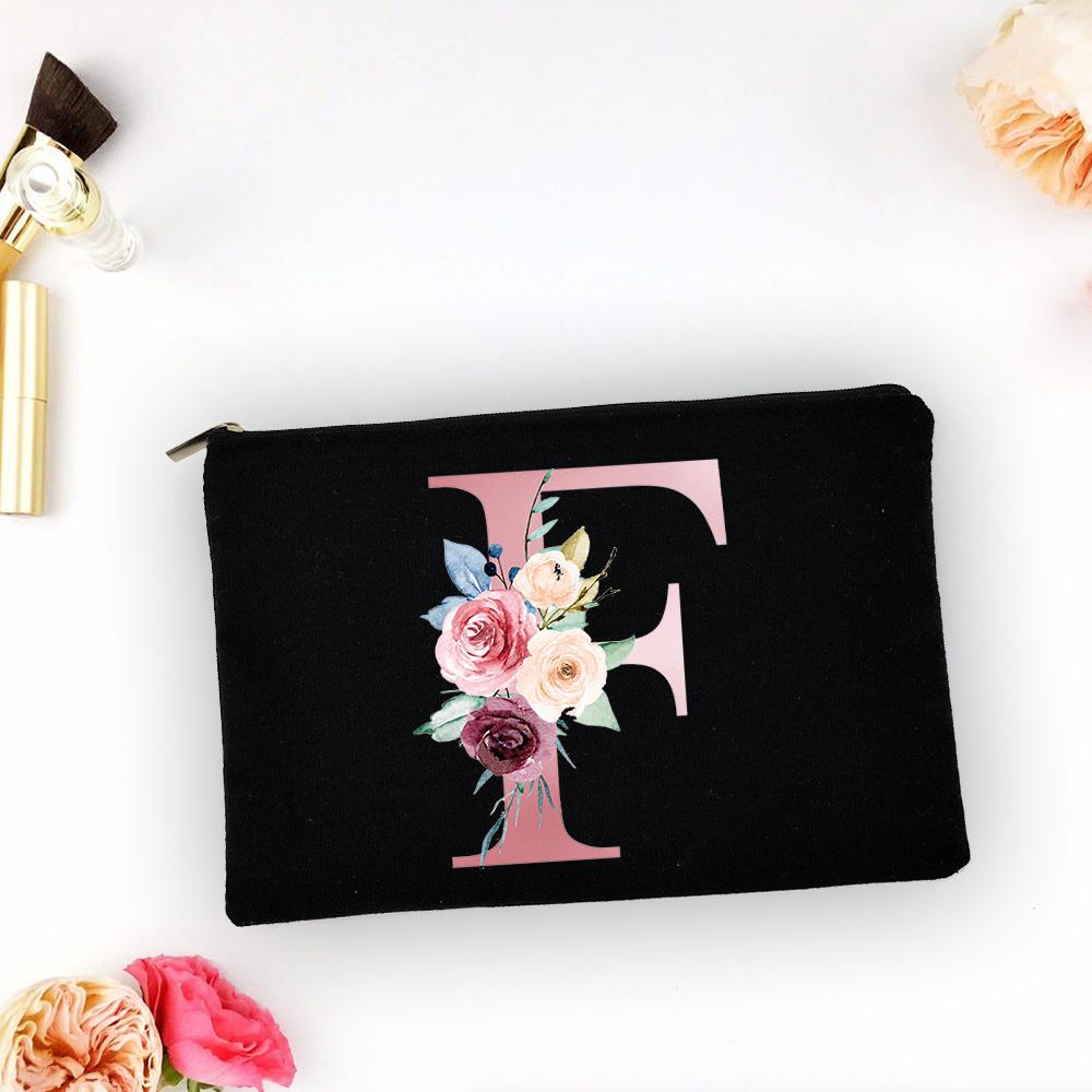 Pink Alphabet Flower A-Z Makeup Bag Make Up Pouch Women Shopping Travel Cosmetic Storage Lipstick Bags Large Capacity Organizer