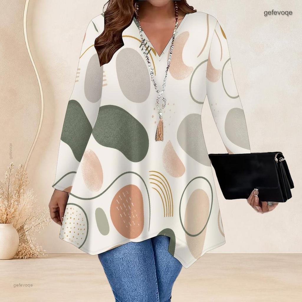 Women Plus Size V Neck Long Sleeve Abstract Leaf Print Irregular Hem Tunic Top