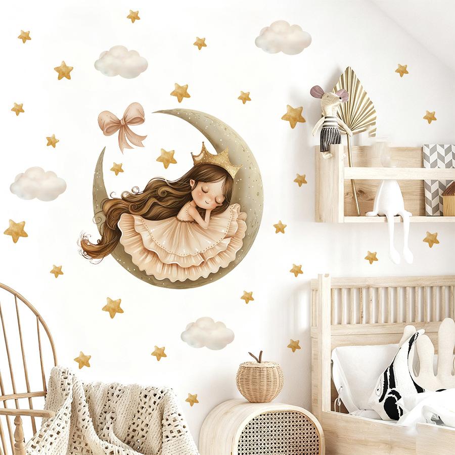 Fairy Tale Princess Crescent Moon Sleep Wall Sticker for Girls Nursery Kids Room with Stars Clouds