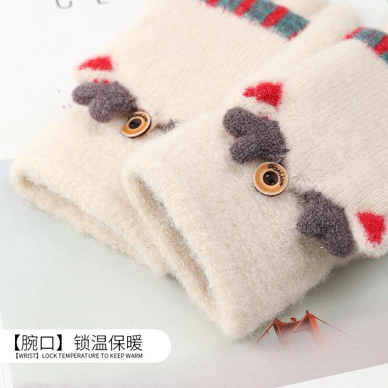 Xuehuaxiu's new women's winter thermal gloves, cute cartoon Christmas elk knitted half-finger flip gloves wholesale
