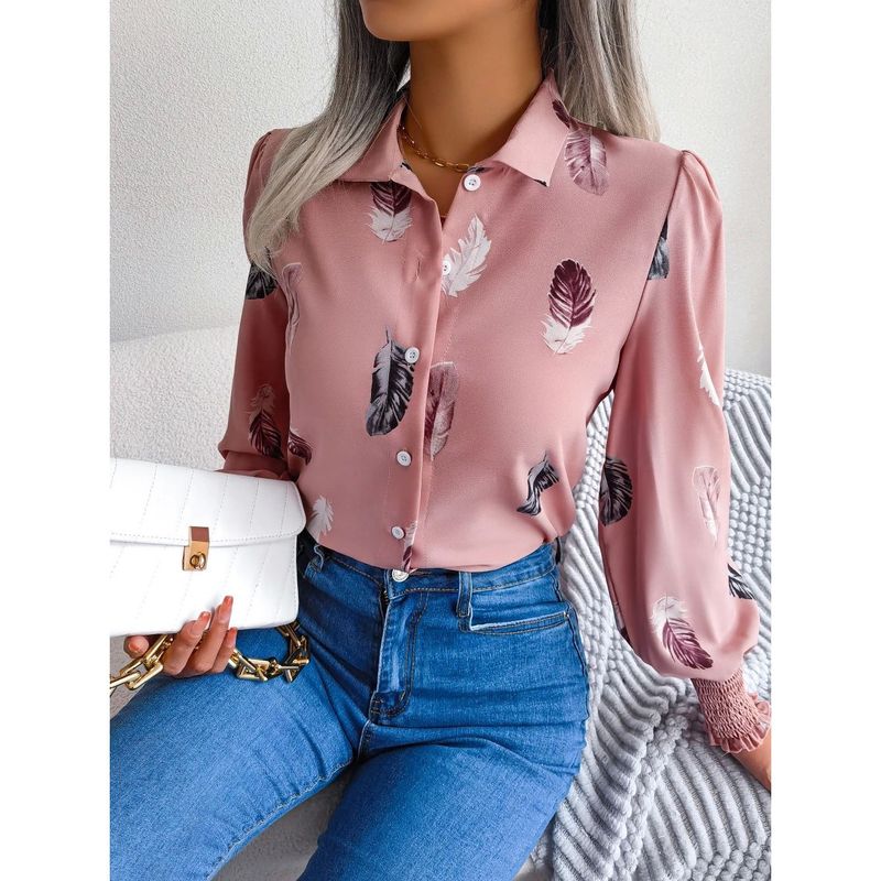 

Women s Collar Printed Remote Sleeve Lapel Lantern Sleeve Shirts Women Pink XL(XL)