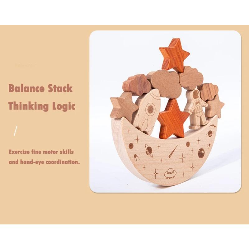 Montessori Toys Wooden Balance Boat Blocks Stacking Tower Games Space Moon Balance Blocks Fine Motor Skill Early Education Toys