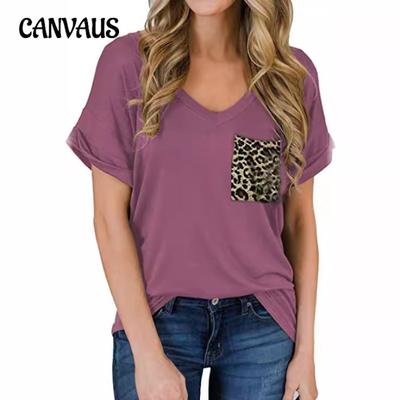 Übergröße Damen Sommer V-Ausschnitt Taschen T-Shirt Kurzarm Lockeres Oberteil