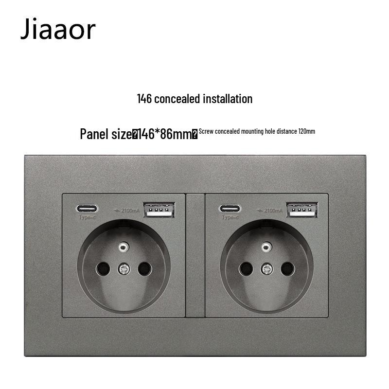 16A Grau Französische Doppel-Gang-Schalter- & Steckdosenleiste mit USB+Typ C, Unterputzmontage, Typ 86
