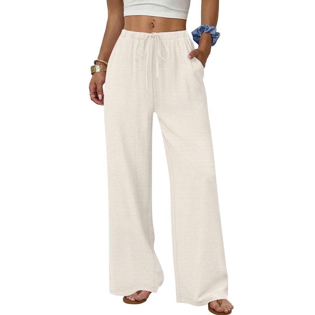 Women's Fashion Wide-Leg Trousers With Drawstring Elastic Waistband And Pockets Relaxed-Fit Casual Trousers