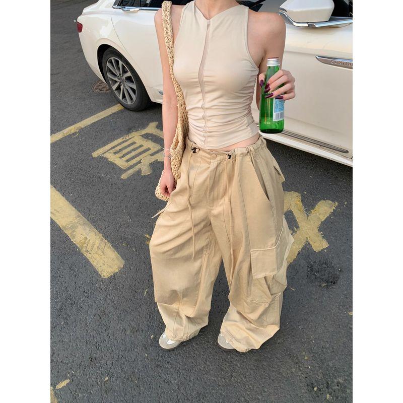 Kumikumi Stylish Pure Color Ruched Sleeveless Vest Tops Women's Summer Slimming Casual Pants Pants Two-piece Set