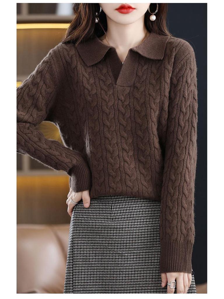 Autumn/Winter 2025 Retro Polo Collar Cashmere Sweater - High-End Knitted Cable Base Layer