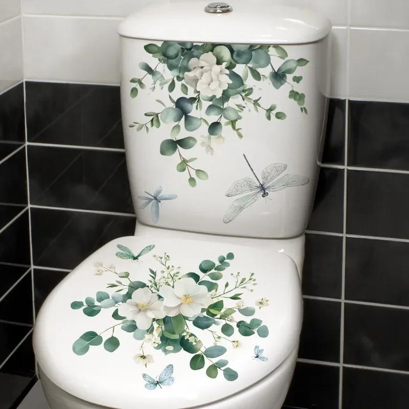 2pc Plant Toilet Sticker, Fresh Flowers Decals, Removable Waterproof Stickers, Vinyl Sticker, Suitable For Decorating Toilets