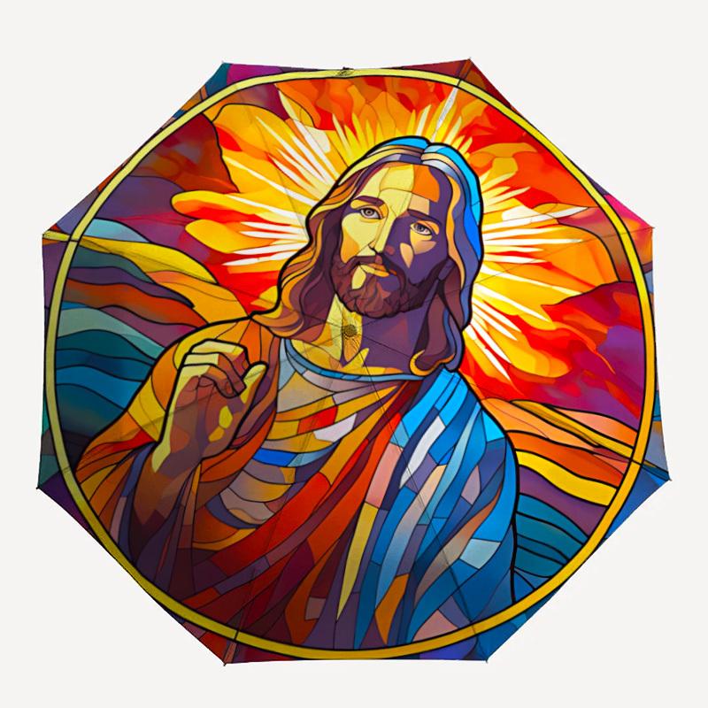 

1pc Stained Glass Jesus Auto Folding Umbrella, Sturdy And Durable Automatic Folding Umbrella with 8 Ribs, Convenient for Outdoor Use150