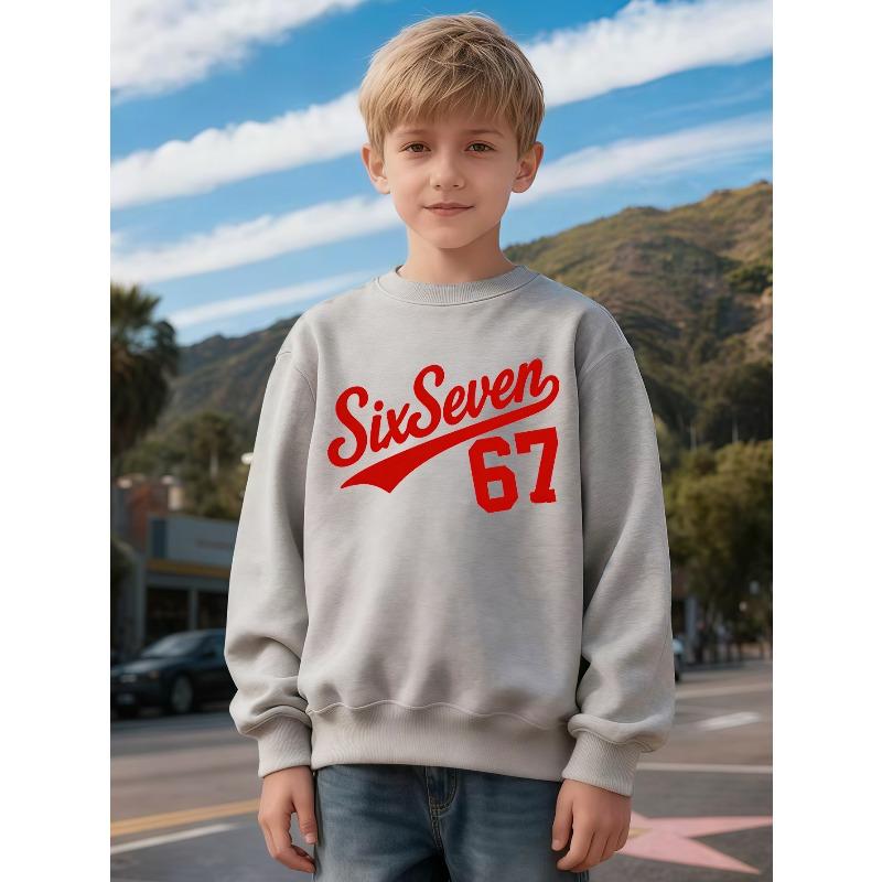Kids Unisex Crewneck Sweatshirt, Vintage Cursive Number 67 Print Long Sleeve Pullover, Boys Girls Casual Birthday Sweatshirt For Kids Over 4 Years Old
