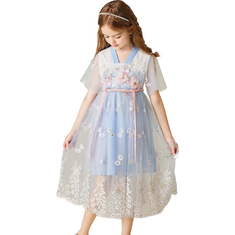 ASK JUNIOR Girls Retro Hanfu Style Mesh Princess Dress 140