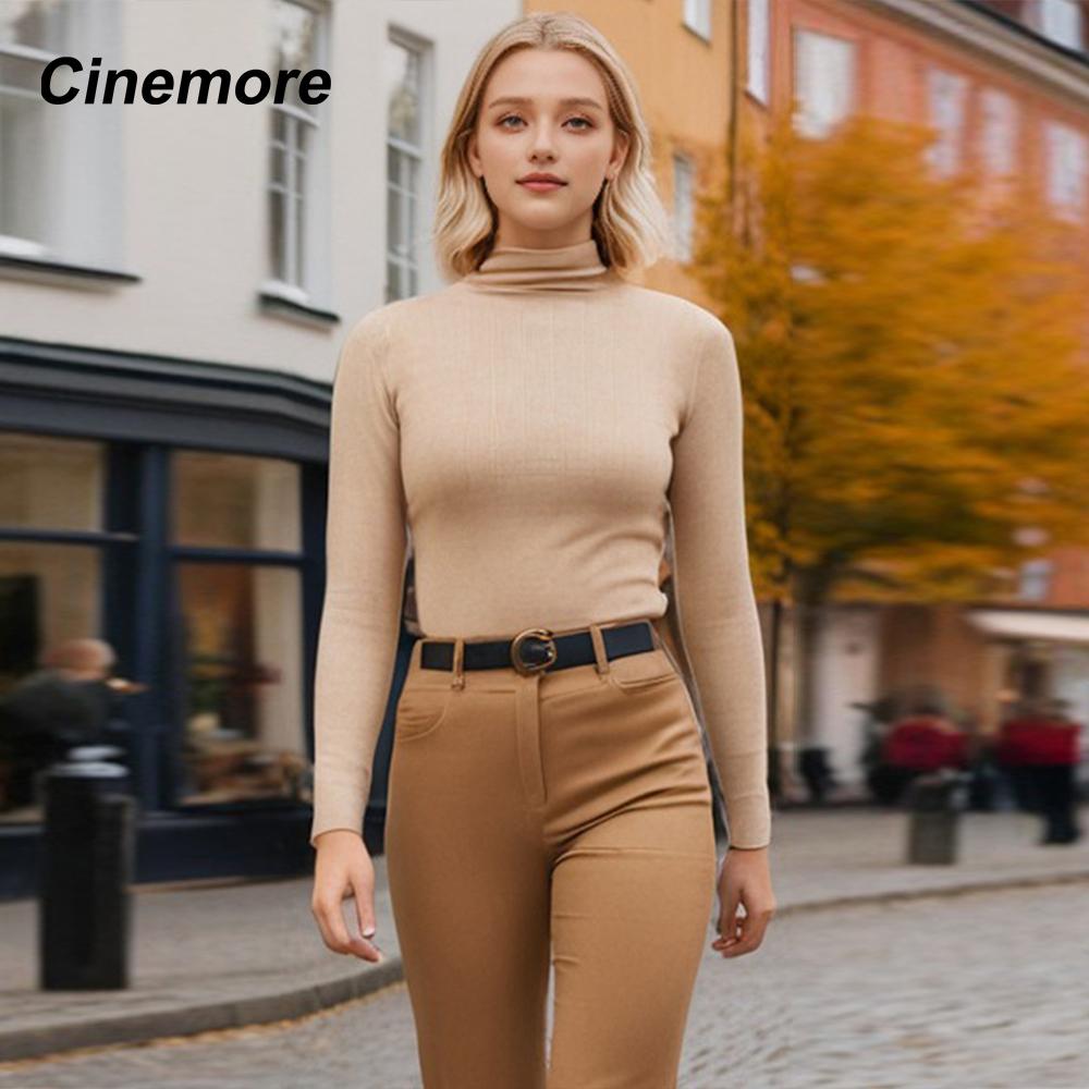Cinemore Women's Sweater Solid Oversize Casual Pullovers Shirt Warm High Neck Basic Knitted Jumper Cashmere Bottoming Top