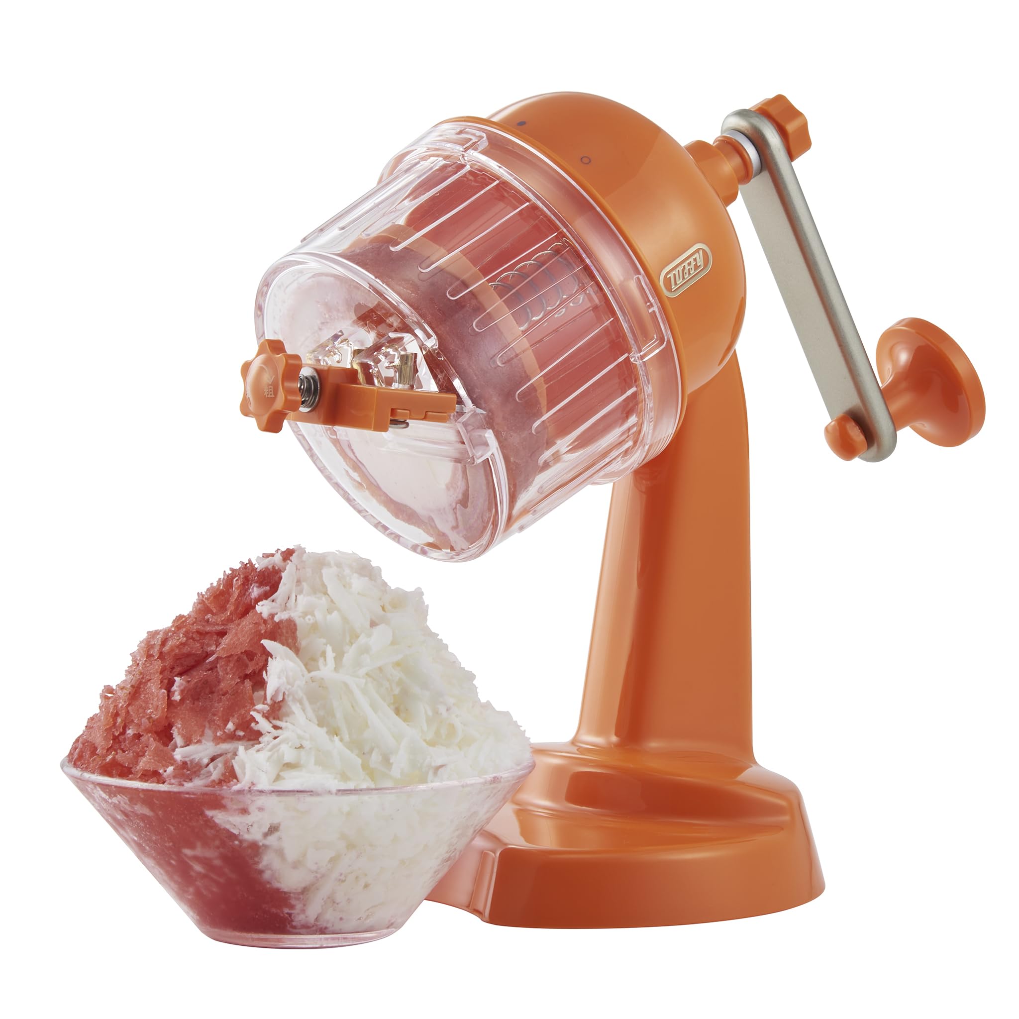 

Toffy Compact Fluffy Shaved Ice Maker Manual Frozen Fruit Juice Flavored Stepless Temperature Outdoor Vivid Color Vibrant Orange K-HIS1, Operation,