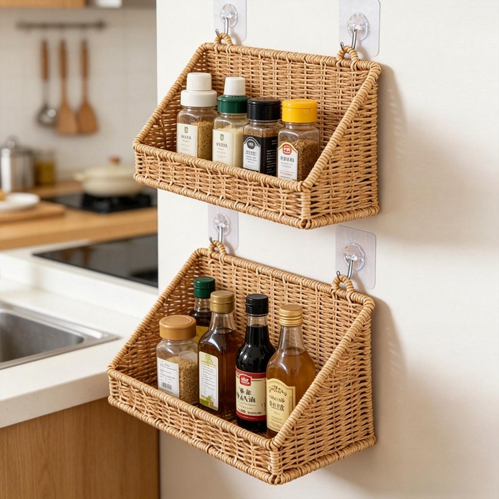 Handwoven Imitation Rattan Wall Hanging Basket Multi Size Kitchen Bathroom Balcony Plant Holder Storage Organizer for Home
