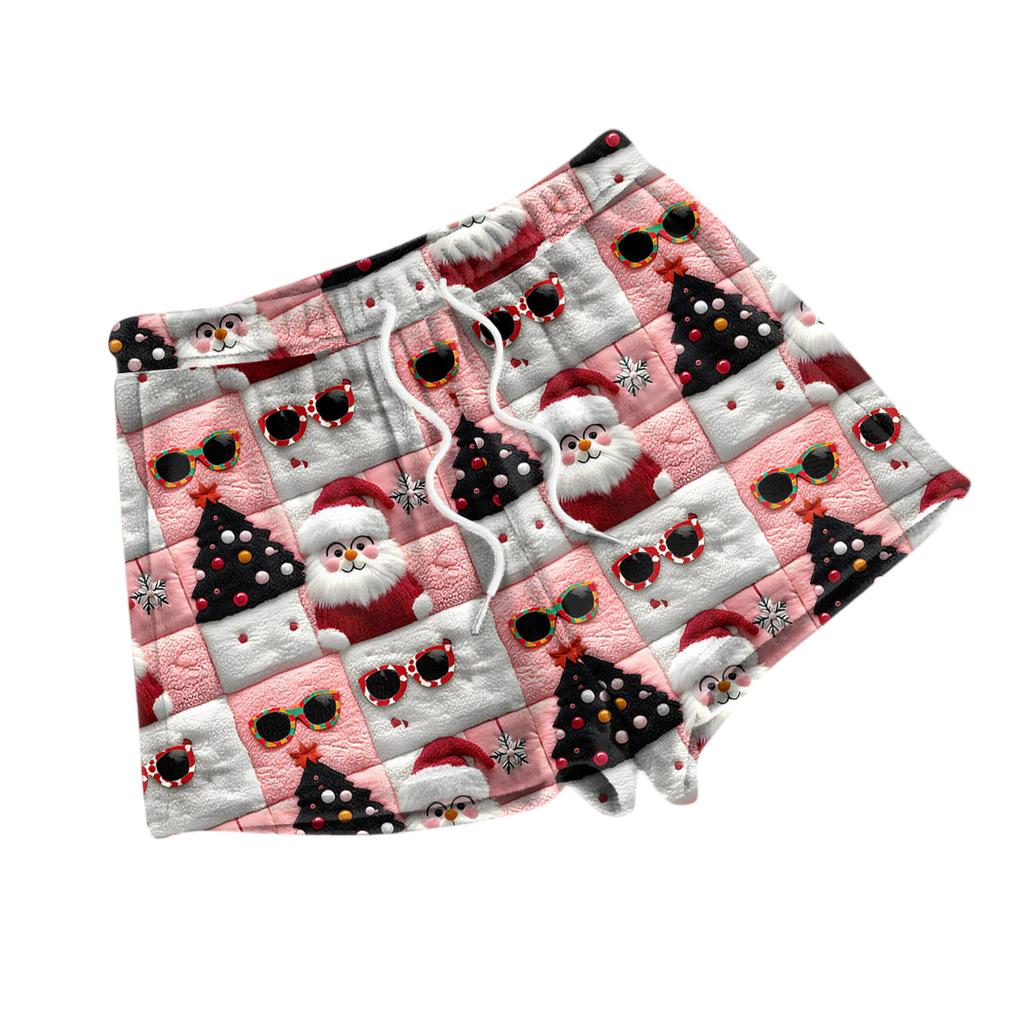 Damen Modische Locker Geschnittene Pyjamashorts Mit Fleece Weihnachtsprint Freizeithose