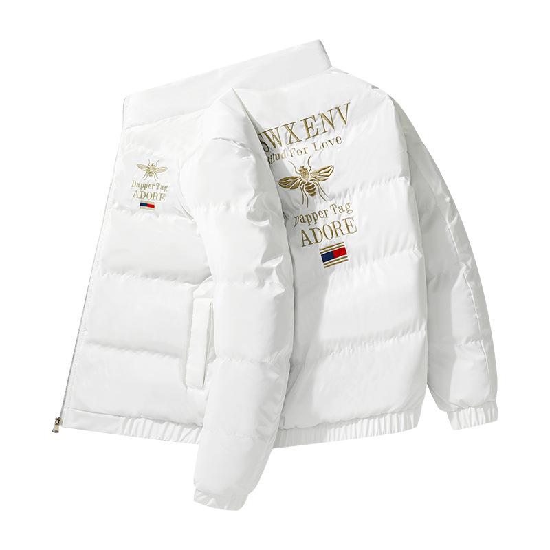 European Style Little Bee Embroidered Men's Winter Jacket - Korean Trendy Thick Down Cotton Coat