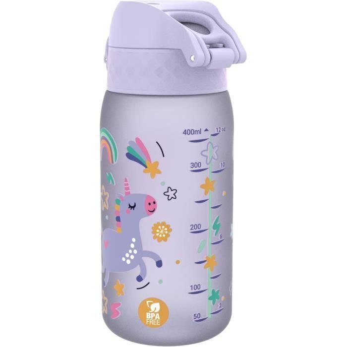 Gourde Enfant - Ion8 - 350ml - Anti-Fuite - Rose - Motif Licornes