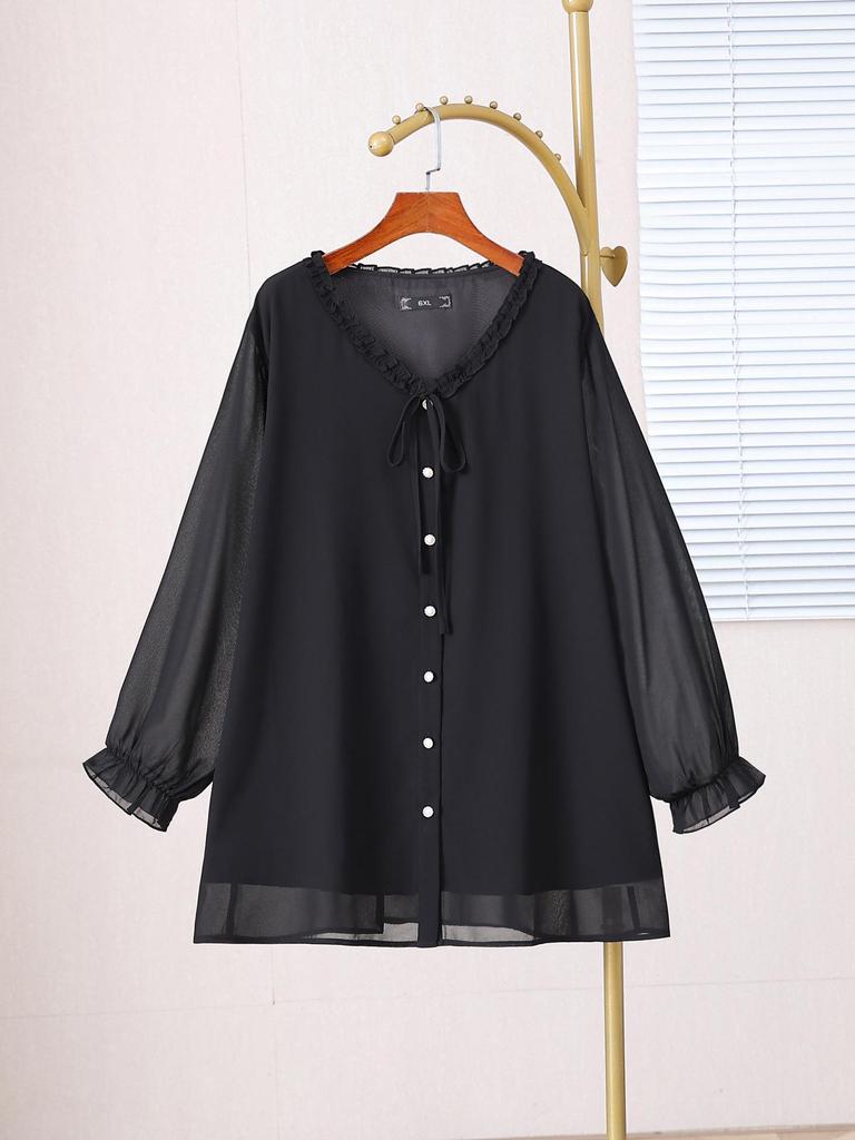 Camicia da Donna Taglie Forti in Chiffon a Maniche Lunghe con Maniche a Campana – Top Lento alla Moda per la Primavera