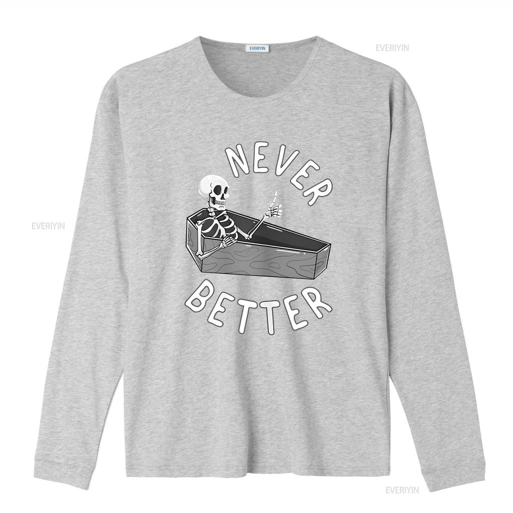 Womens T Shirt Never Better Skeleton Coffin Skull Funny Halloween Casual Tops Black X Large vintage Washed streetwear