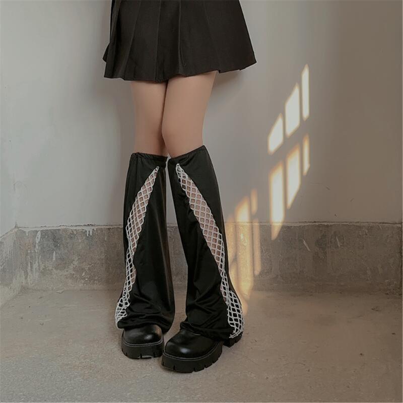 Fishnet Mesh Patchwork Flared Leg Warmers for Womens Harajuku Punk Grunge Baggy Foot Covers Sleeves Knee Length Socks