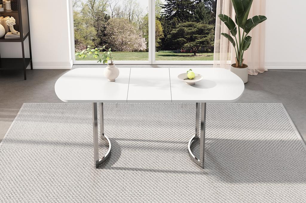 Extendable Dining Table 140/180 x 80 cm, Modern Style, High-Strength Alloy Bracket, Suitable for 4-6 People, White + Silver-Plated Table Legs