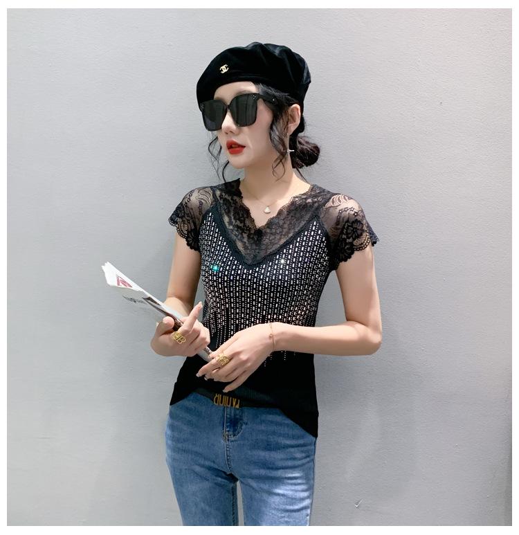 2023 Summer Women's Sexy Lace Slim-Fit Hollow-Out Short Sleeve T-Shirt