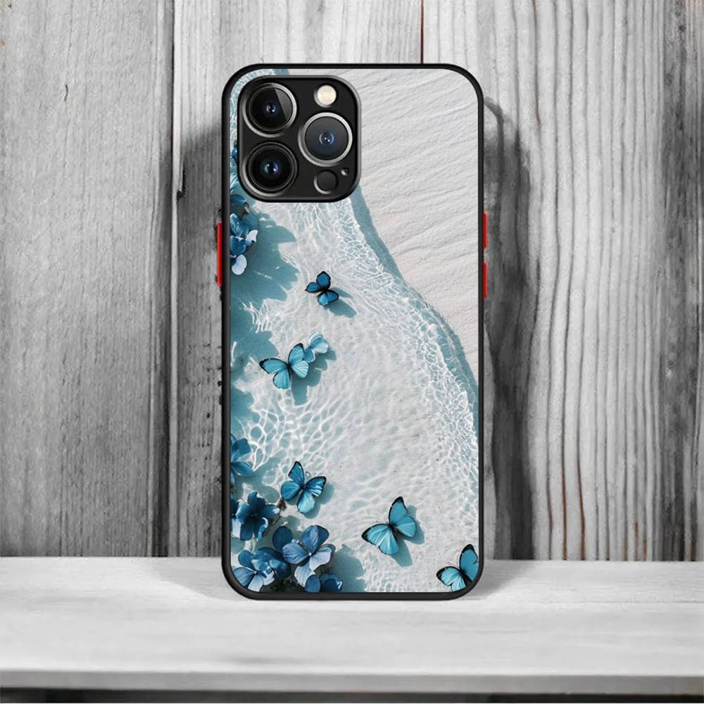 Blue Butterfly Ocean Waves Shockproof Matte Phone Case For IPhone 16 15 14 13 12 11 Pro Max X XR XS MAX Mini