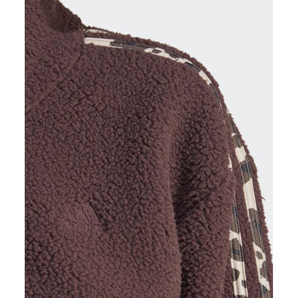 Adidas Animal Print Fleece Cropped Half Zip Top   Brown Iy5010