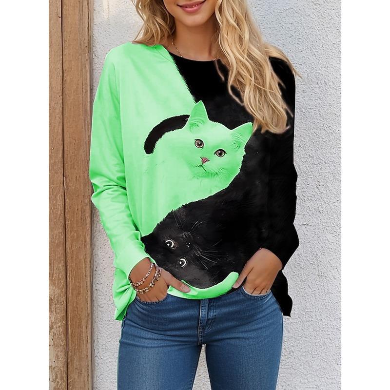 

Новая женская футболка Футболки Цветной блок Кот Черный Белый Принт Длинный рукав Повседневная Выходная Смешная Круглый вырез Обычная XL