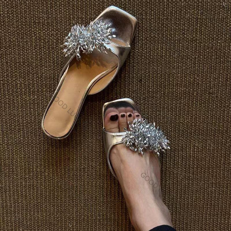 Fashion 2025 Gold Rhinestone Flower Sandals and Slippers Women's Summer New Fashion Temperament Square Toe Open Toe Stiletto Slippers
