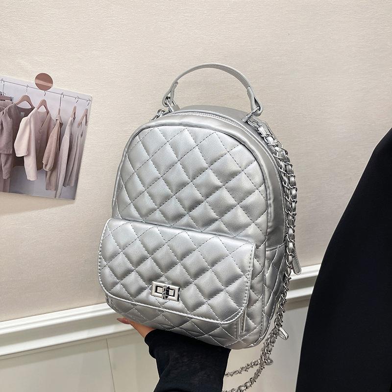 Spring and summer new women's bag outdoor travel backpack rhombus embroidery thread versatile simple chain bag