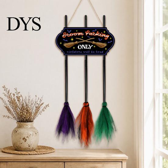Spooky Charm Indoor Party Decor Halloween Broom Parking Sign with 3 Witch Brooms, Hocus Pocus Themed Wooden Sign, Reusable Farmhouse Entrance