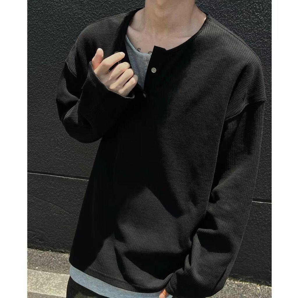 Men's Autumn Korean Style Slim-Fit Henley Long-Sleeve T-Shirt