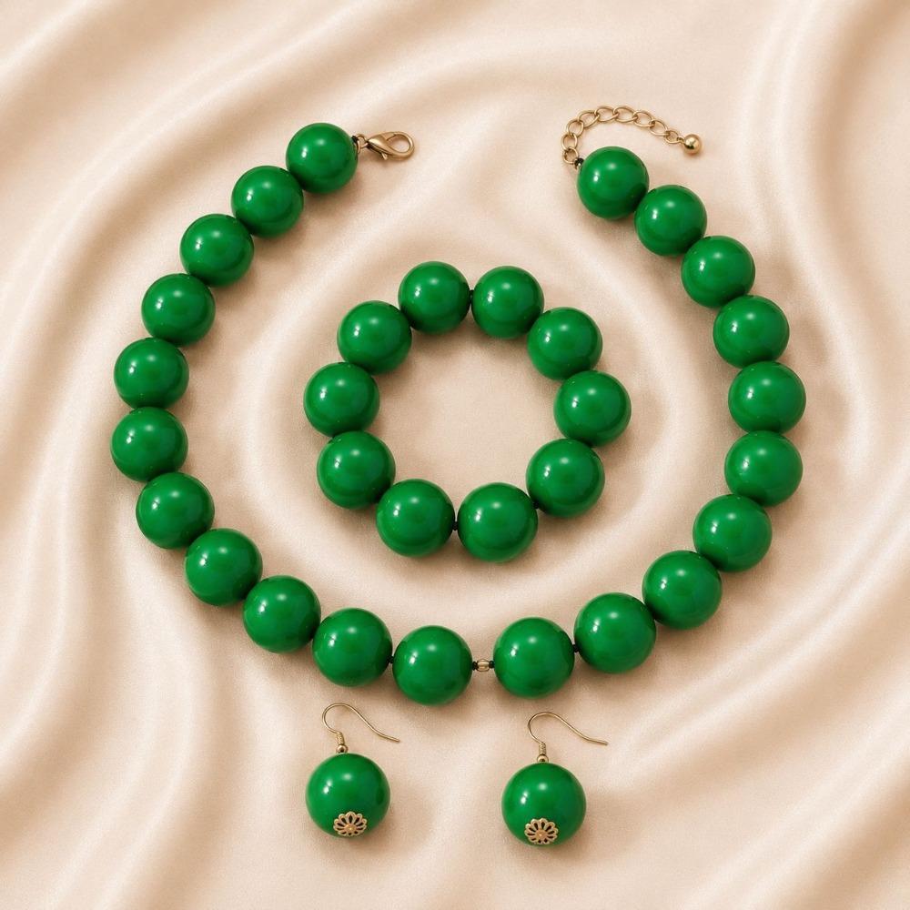 European and American Personality Exaggerated Design Round Bead Handmade Beaded Necklace Niche Retro Necklace Set Three-piece Set