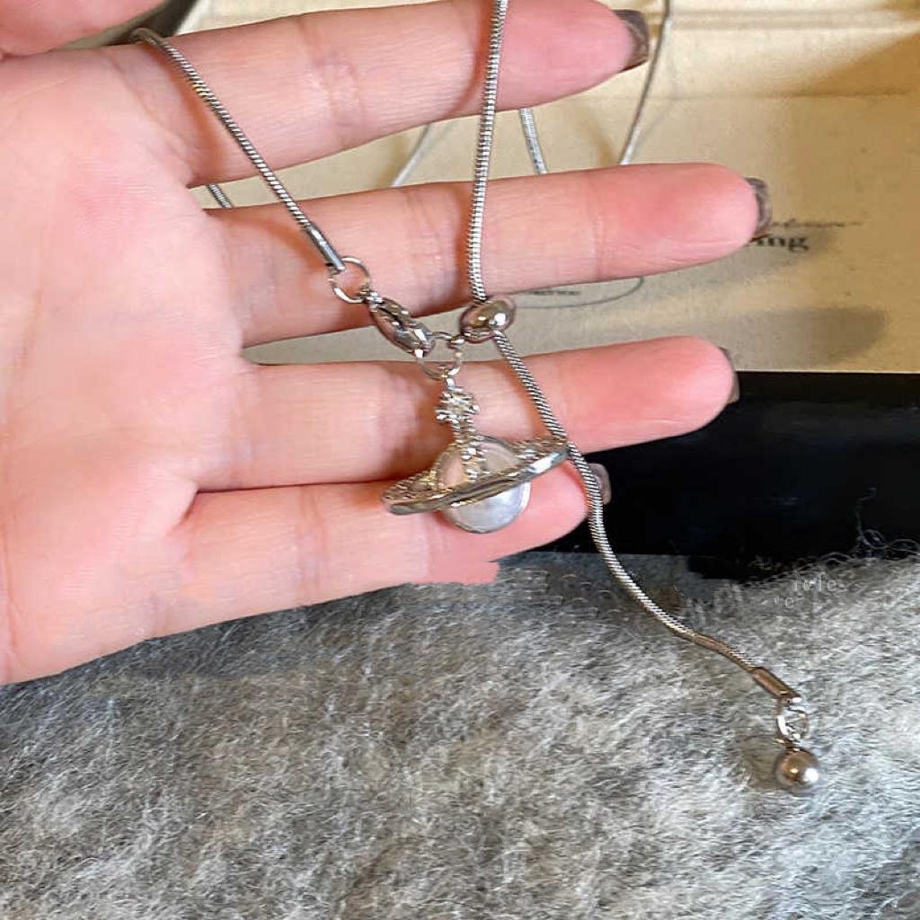 Retro Bow Flower Tiger's Eye Stone Water Drop Necklace Clavicle Chain Cold Wind Necklace Women