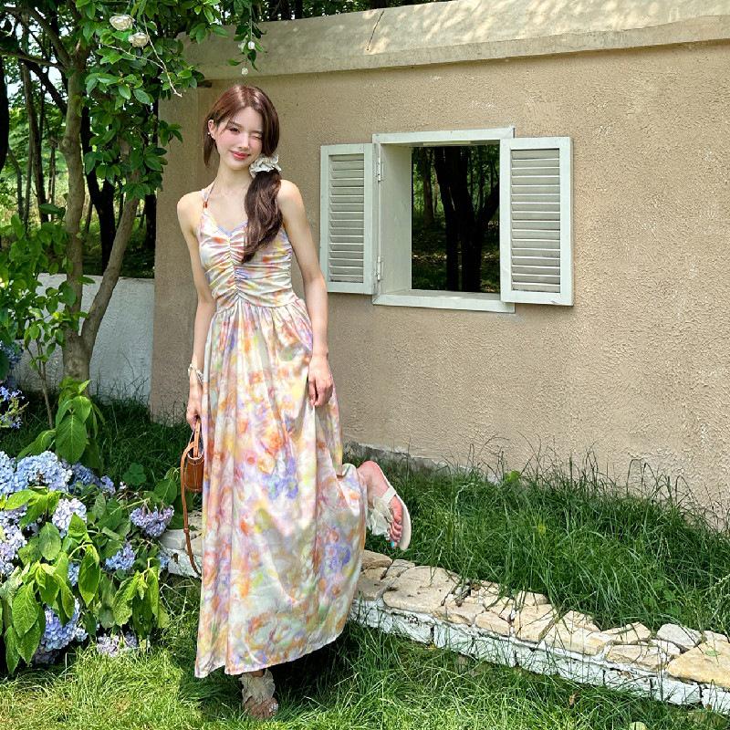 

Женский ретро-цветочный сарафан с бретелью-халтер, открытой спиной - Летний отпускной стиль, Длинное платье с акцентом на талии S