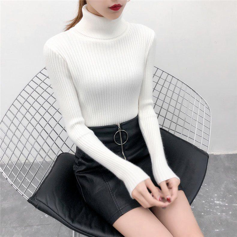 Women's Slim Fit Solid Turtleneck Sweater - Versatile Fashion Knit Pullover for Autumn & Winter