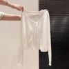 Women White Thin Hollow Out Tie Sun Protection Cardigan Knitted Loose Short Sleeve Coat Top