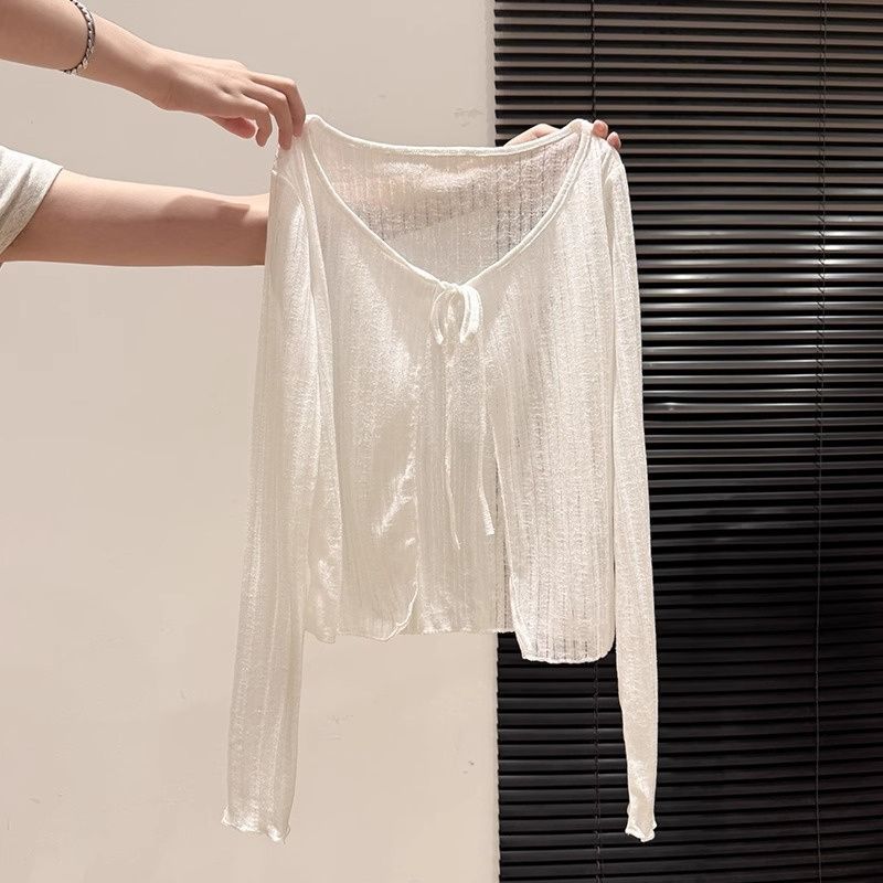 Women White Thin Hollow Out Tie Sun Protection Cardigan Knitted Loose Short Sleeve Coat Top